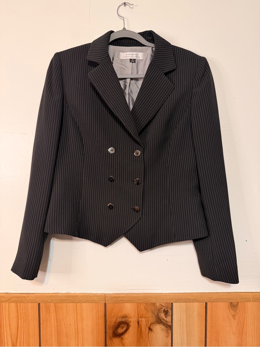 Tahari ASL Black Pinstripe Double-Breasted Blazer